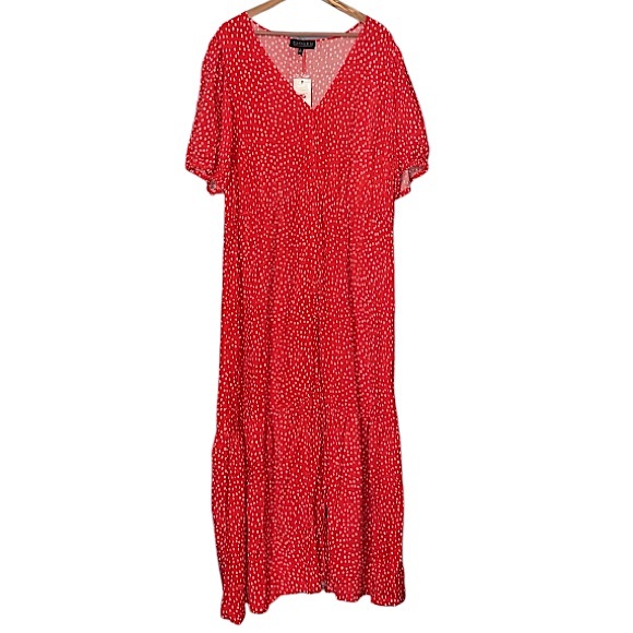 Eloquii Red Button Down Polka Dot Tiered Short Sleeve V-neck Maxi Dress - Picture 1 of 9